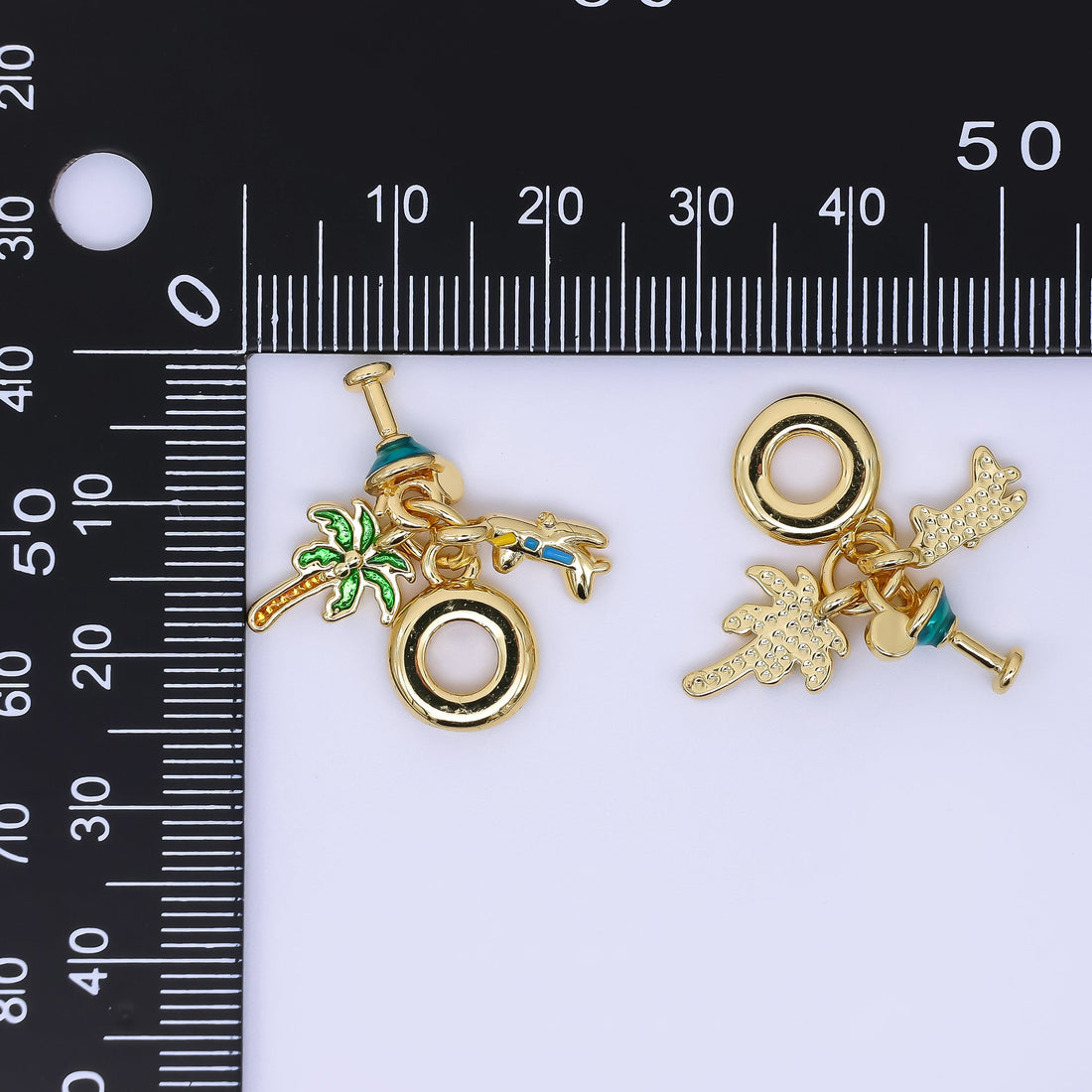 24K Gold Filled Palm Tree Cocktails Airplane Jet Vacation Travel Set Rondelle Drop Charm | AC1650