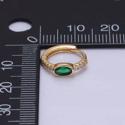 16K Gold Filled Emerald Green Oval Micro Paved CZ 13mm Huggie Earring in Gold &amp; Silver | AD865 AD866