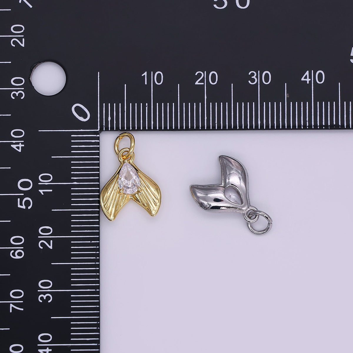 24K Gold Filled 13.5mm Clear CZ Teardrop Lined Fish Tail Charm in Gold &amp; Silver | N858