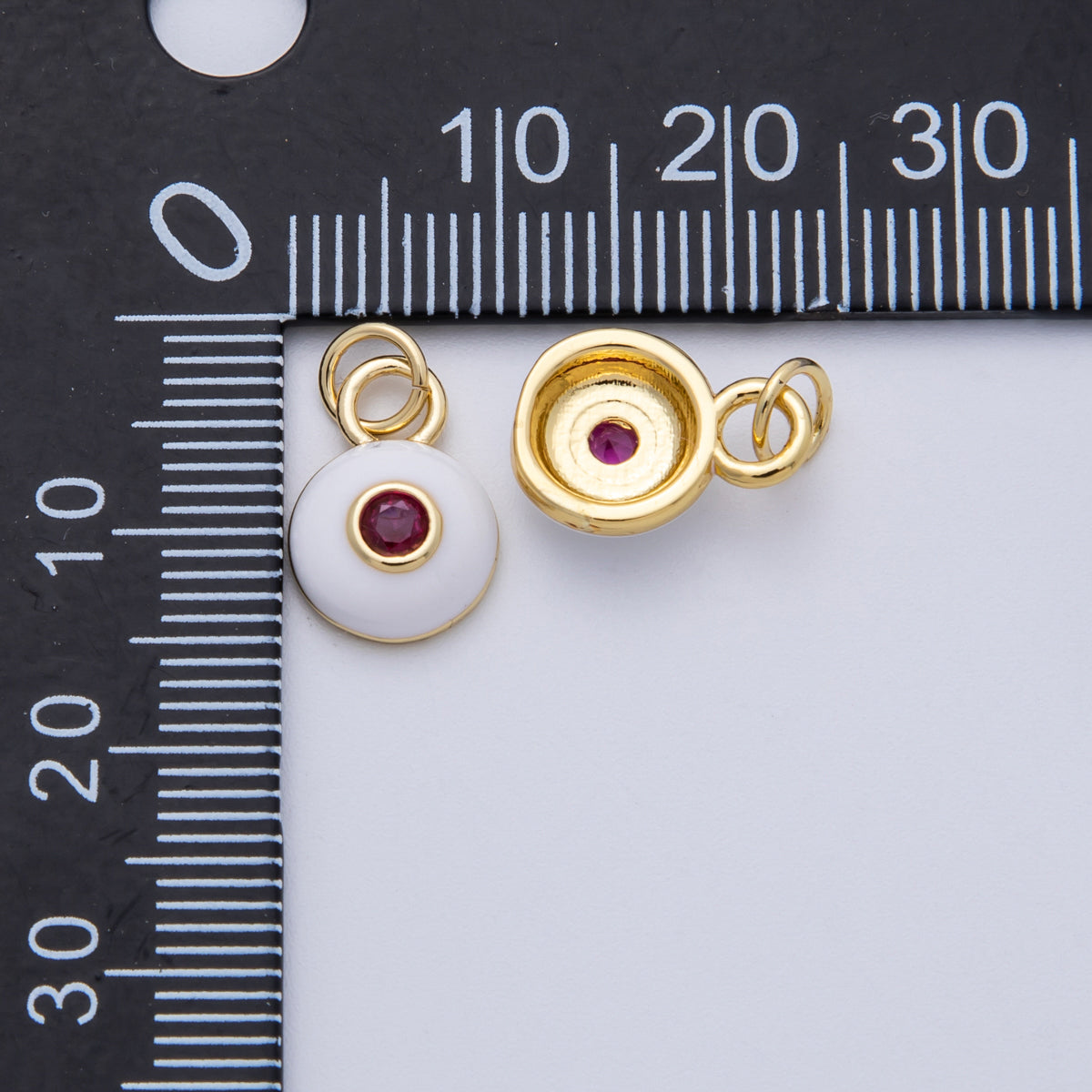 18K Gold Filled 13mm Red CZ White Enamel Bezel Round Mini Charm | Charms-00140