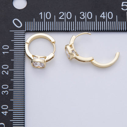 14K Gold Filled 15mm Clear CZ Square Solitaire Baguette Paved Hoop Earrings | Earrings-00148