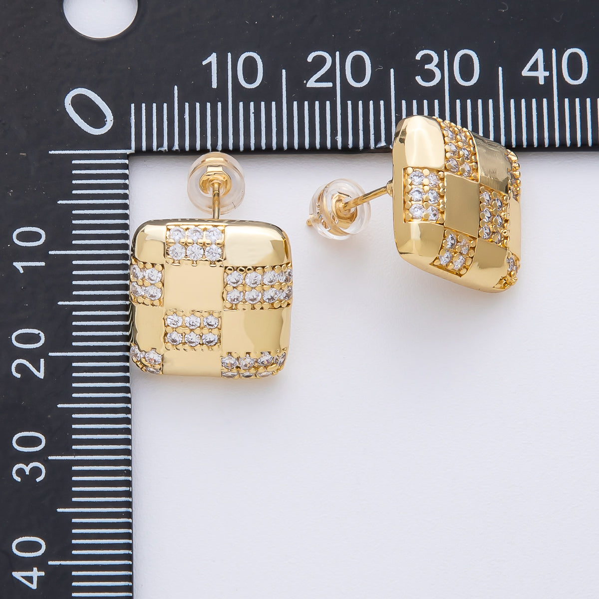 14K Gold Filled 15mm Micro Paved CZ Checkered Square Stud Earrings in Gold &amp; Silver | Earrings-00021 Earrings-00022