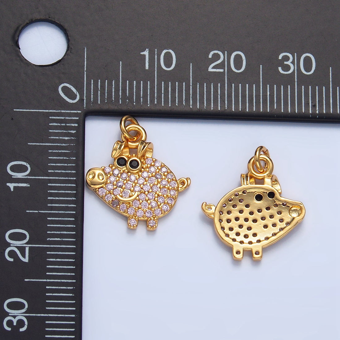 24K Gold Filled Pink Micro Paved CZ Smiley Pig Farm Animal Charm | X619