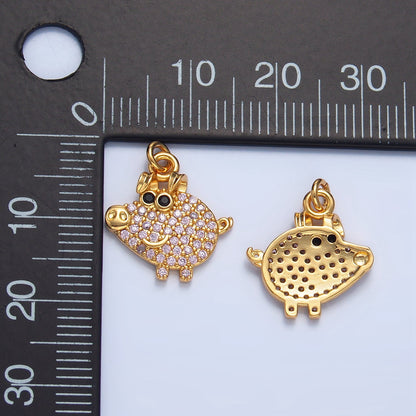 24K Gold Filled Pink Micro Paved CZ Smiley Pig Farm Animal Charm | X619