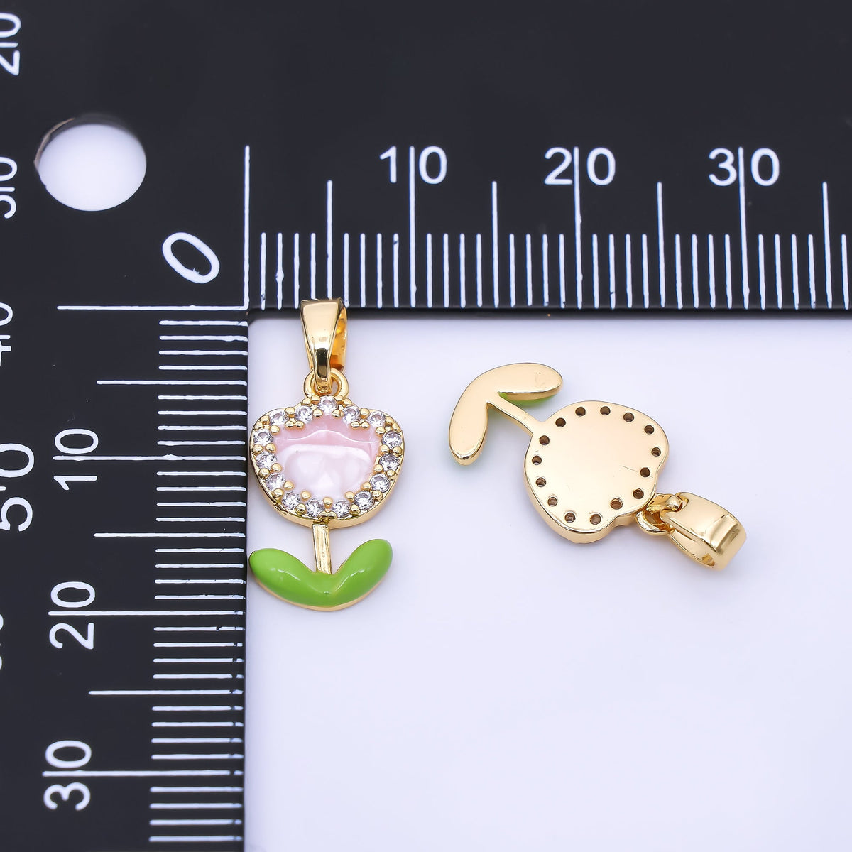 24K Gold Filled 15mm Micro Paved CZ Enamel Pink Rose Flower Pendant | AA1643