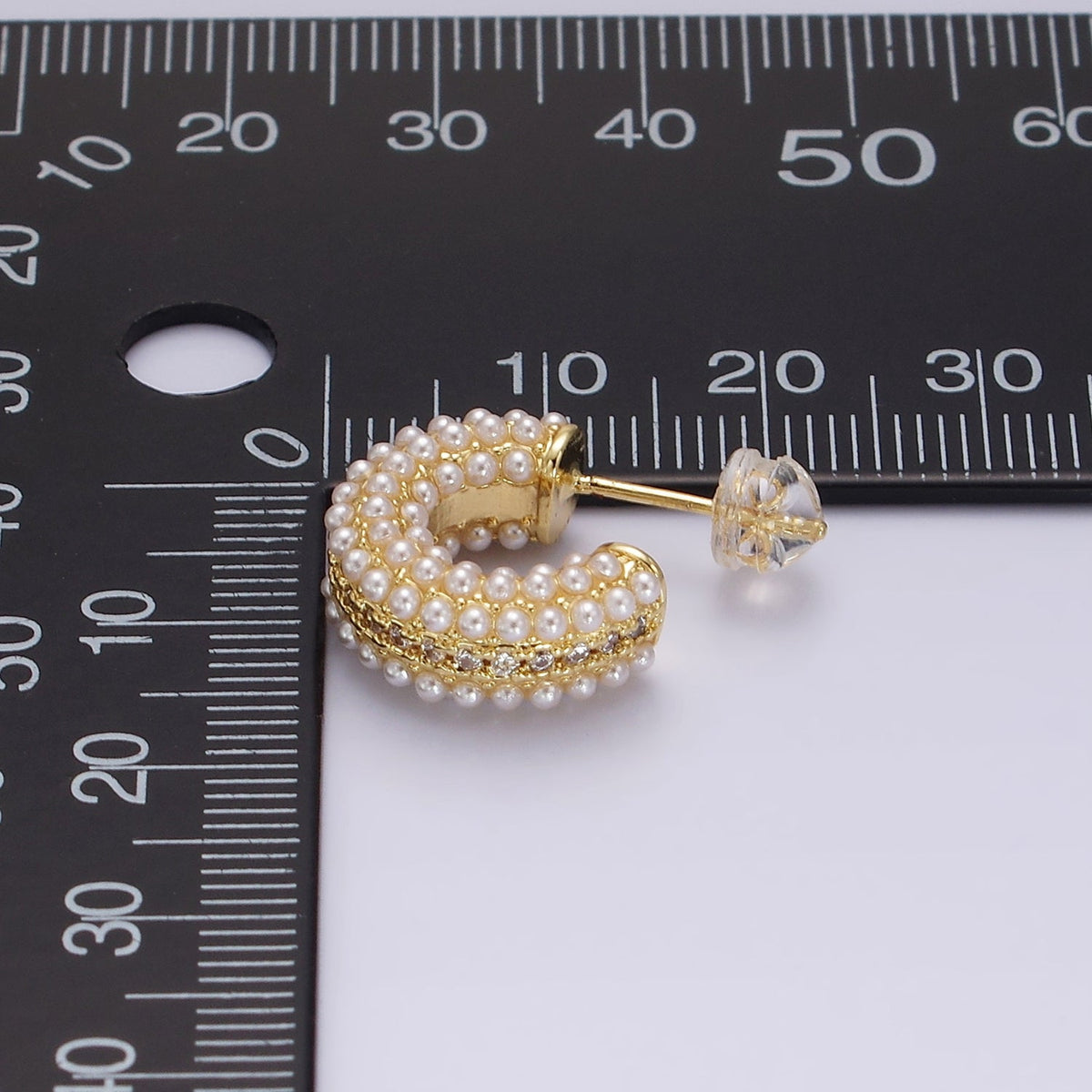 14K Gold Filled Multiple Pearl Micro Paved CZ 15mm C-Shaped Hoop Earrings in Gold &amp; Silver | V259