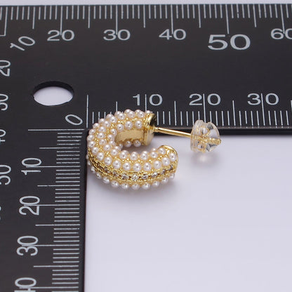 14K Gold Filled Multiple Pearl Micro Paved CZ 15mm C-Shaped Hoop Earrings in Gold &amp; Silver | V259