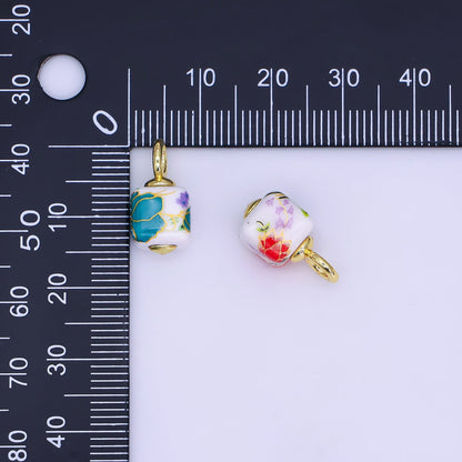 24K Gold Filled Green, Yellow, Purple, Red, Pink Flower Cube Ceramic Drop Pendant | E710 - E729