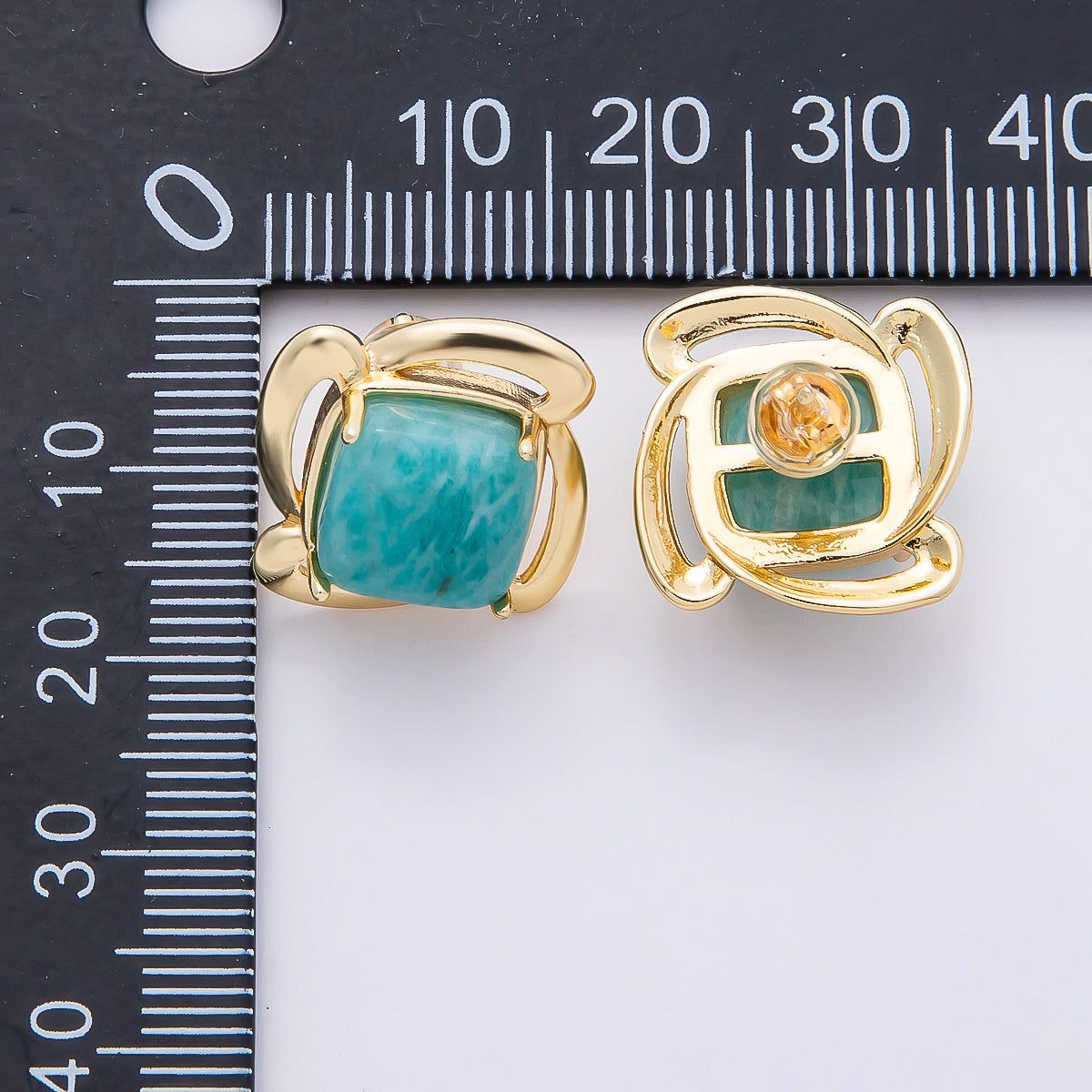 16K Gold Filled 18mm Green Amazonite Square Gemstone Spiral Flower Stud Earrings | Earrings-00366