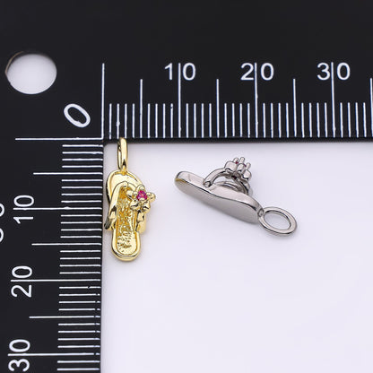 24K Gold Filled 14mm Fuchsia Flower CZ Flip Flop Sandals Pendant in Gold &amp; Silver | AH528