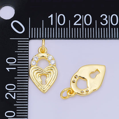 24K Gold Filled 18mm Micro Paved CZ Ribbed Heart Love Padlock Charm | AH641