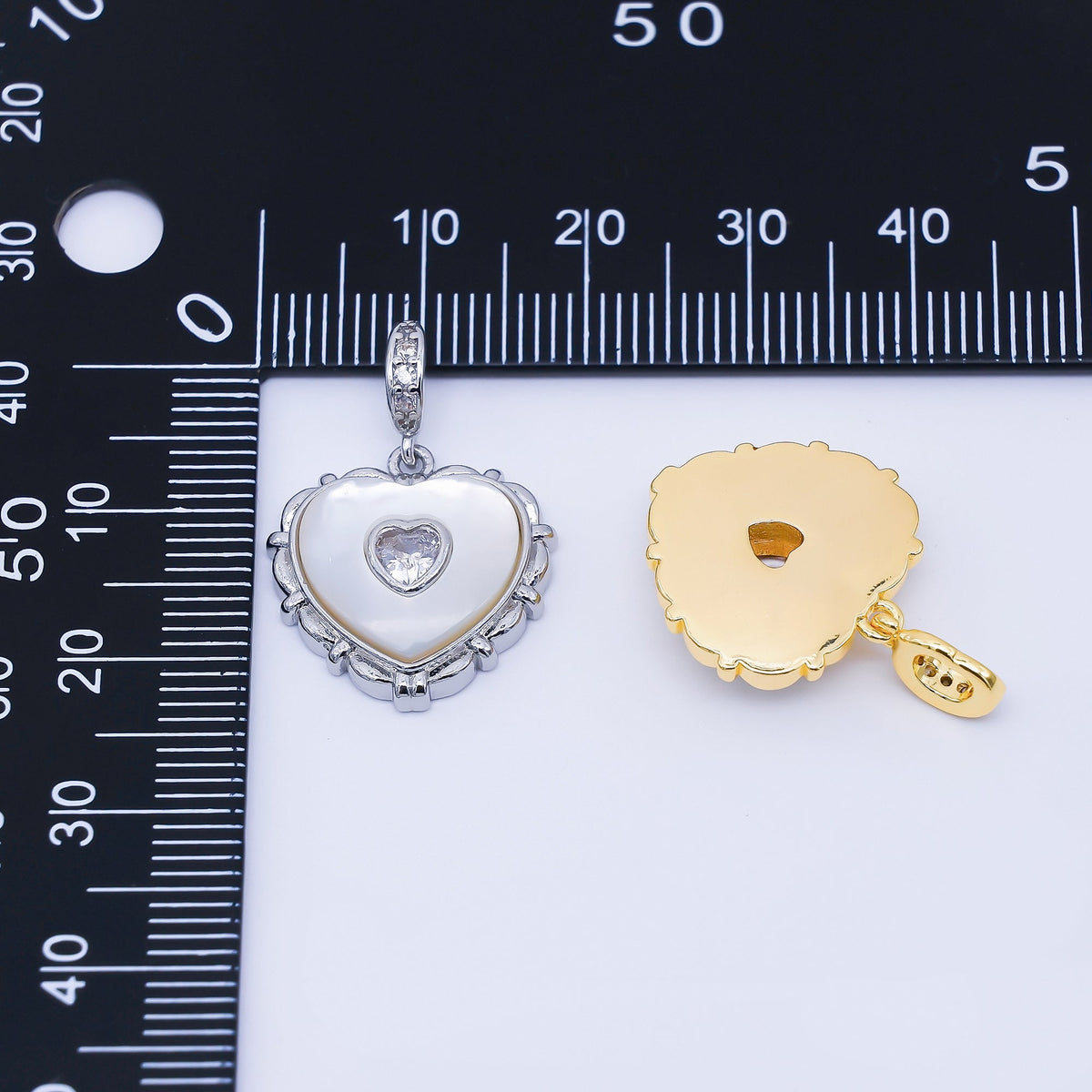 24K Gold Filled 18mm Clear Micro Paved CZ Shell Pearl Bezel Heart Pendant in Gold &amp; Silver | AA1682