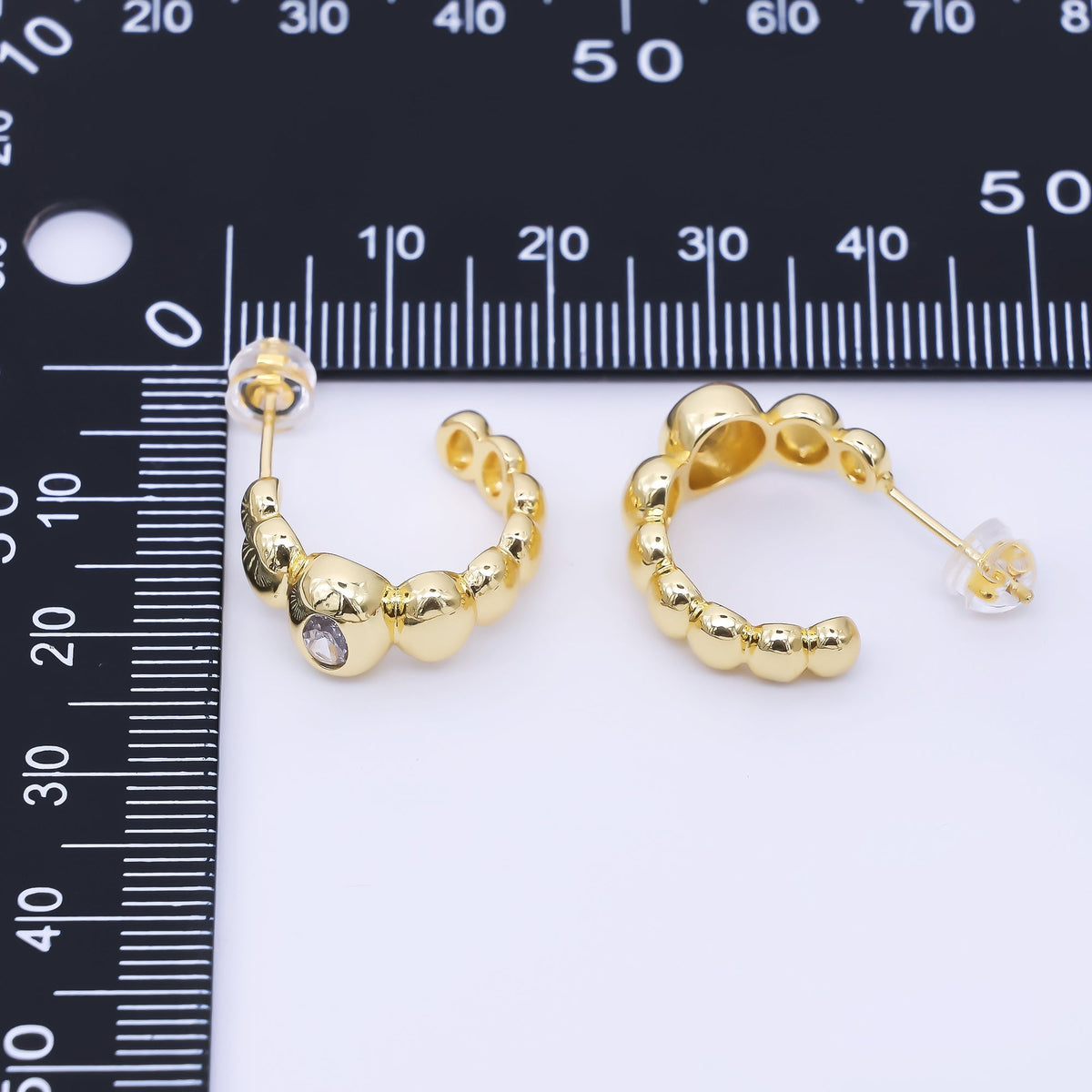 24K Gold Filled 18mm CZ Oval Beaded Bubble C-Shaped Hoop Earrings | AI469