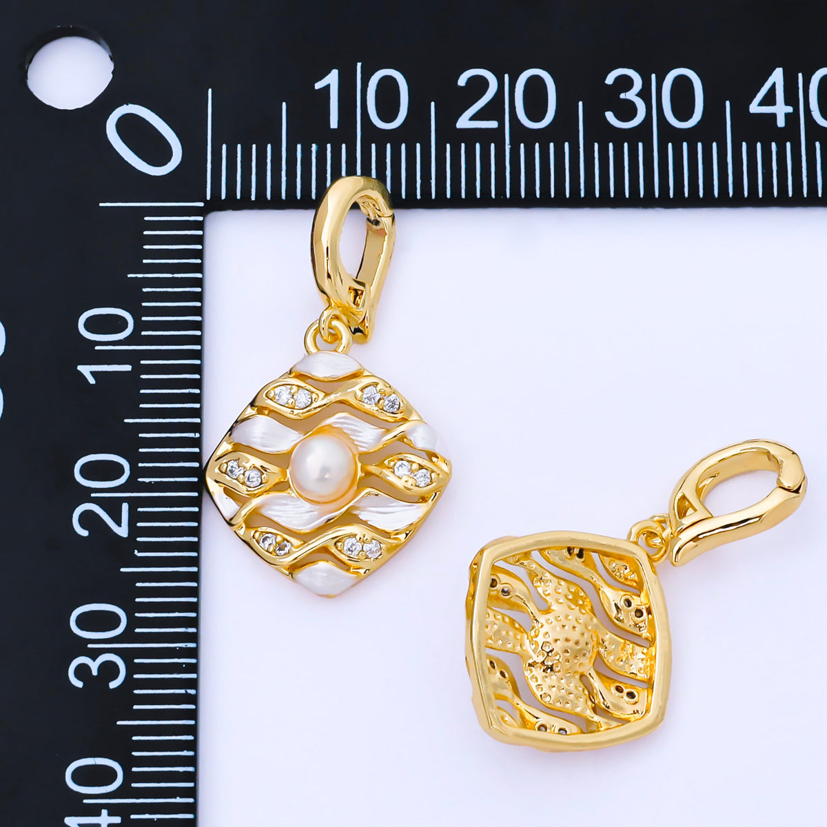 24K Gold Filled 18mm Micro Paved CZ Shell Pearl Wavy Rhombus Tag Pendant | AA1655