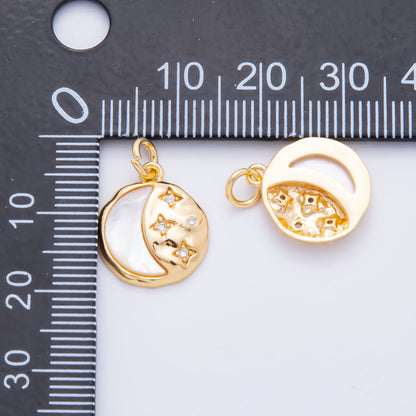 18K Gold Filled Shell Pearl Celestial Star Crescent Moon Round Charm | AH914
