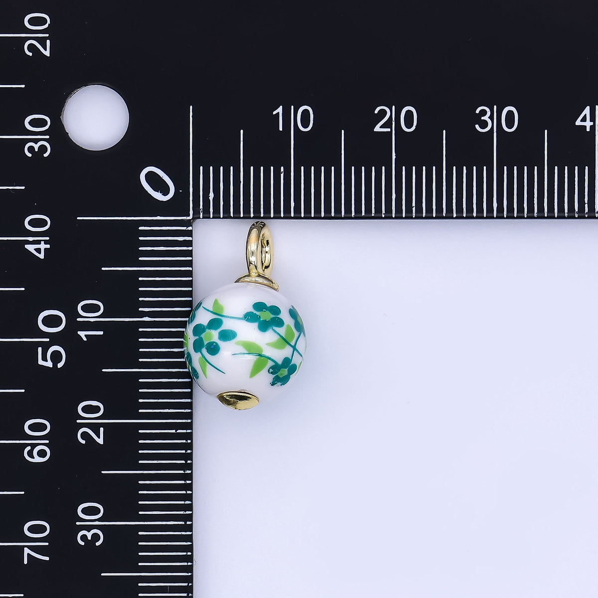 24K Gold Filled 19mm Ceramics Art Round Green Flower Vines Flower Charm | D064