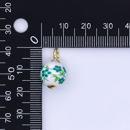 24K Gold Filled 19mm Ceramics Art Round Green Flower Vines Flower Charm | D064