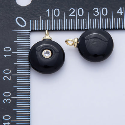 18K Gold Filled 20mm Clear CZ Embedded Black Onyx Round Gemstone Charm | AF1471