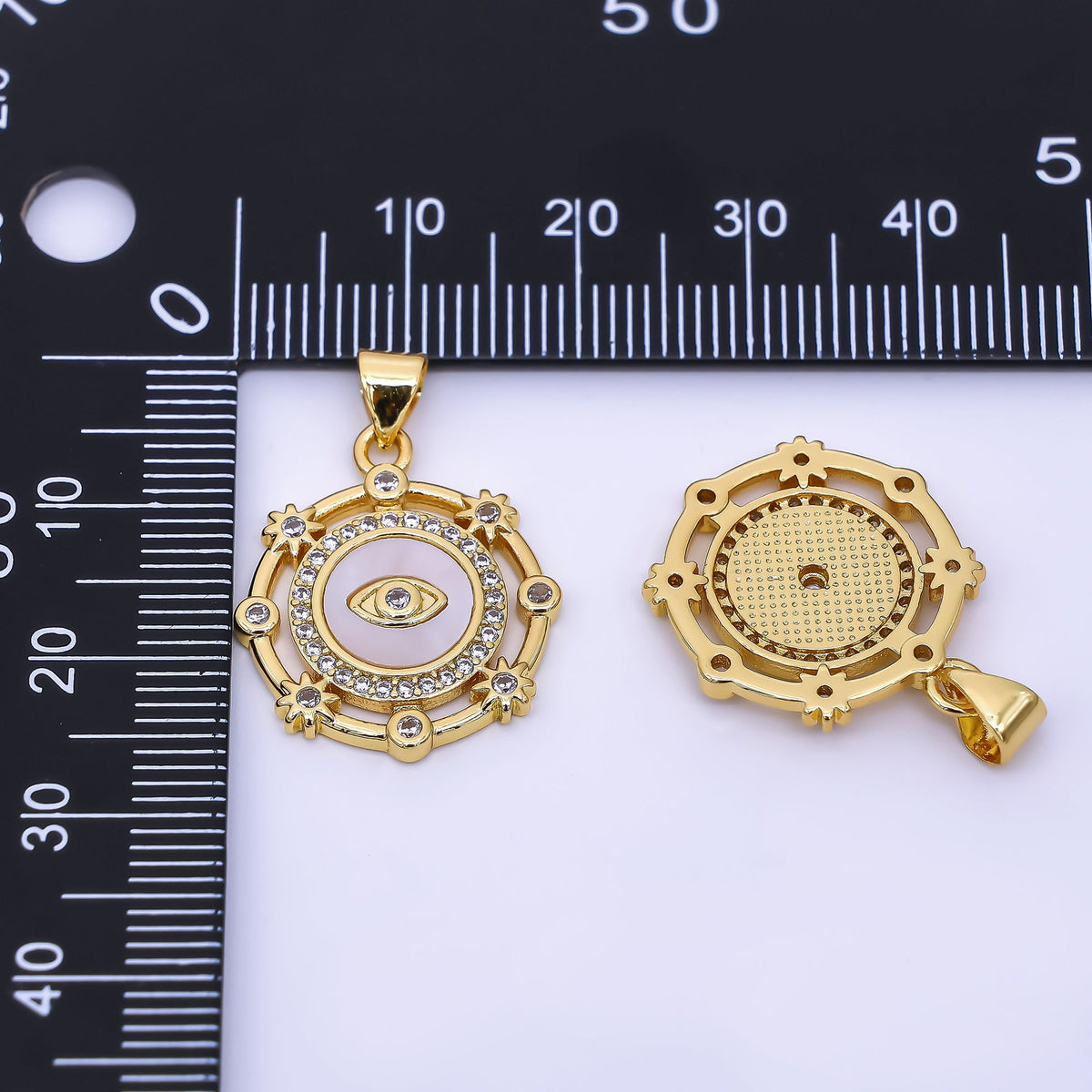 24K Gold Filled 22mm Micro Paved CZ Shell Pearl Evil Eye Round Bezel Pendant | AH543