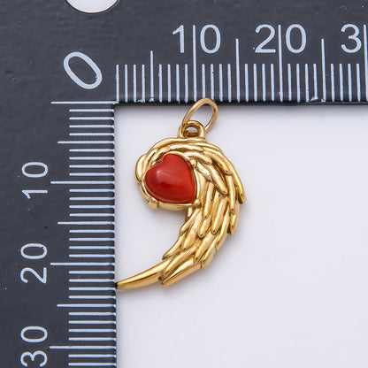 PVD Gold Stainless Steel 22mm Green, Red Heart Curved Angel Wing Charm | Charms-00808 Charms-01125