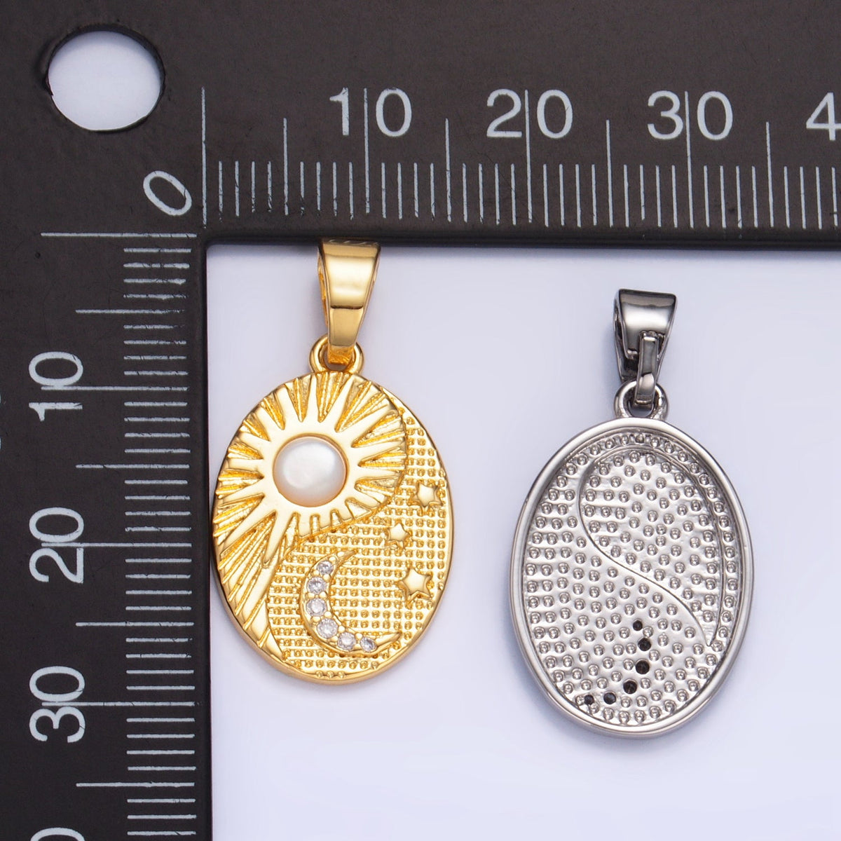 24K Gold Filled Shell Pearl Micro Paved Celestial Sun Moon Oval Pendant in Gold &amp; Silver | AA1021