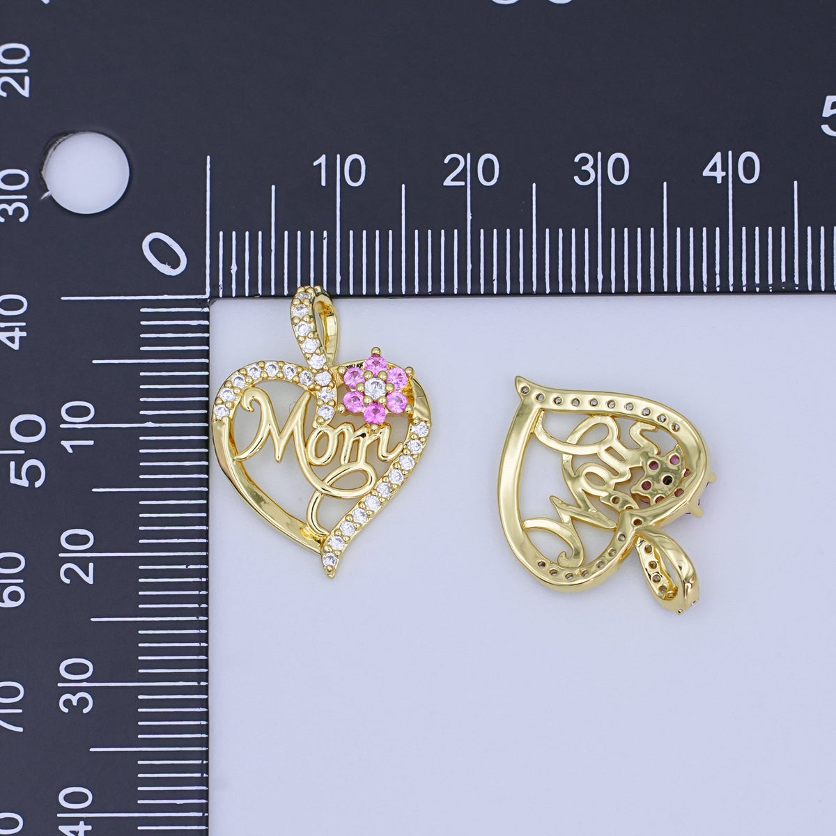 24K Gold Filled 22.5mm "MOM" Micro Paved CZ Flower Heart Open Pendant | AH430