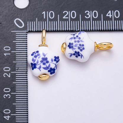 24K Gold Filled Blue Flower Ceramic Porcelain Drop Charm | W147