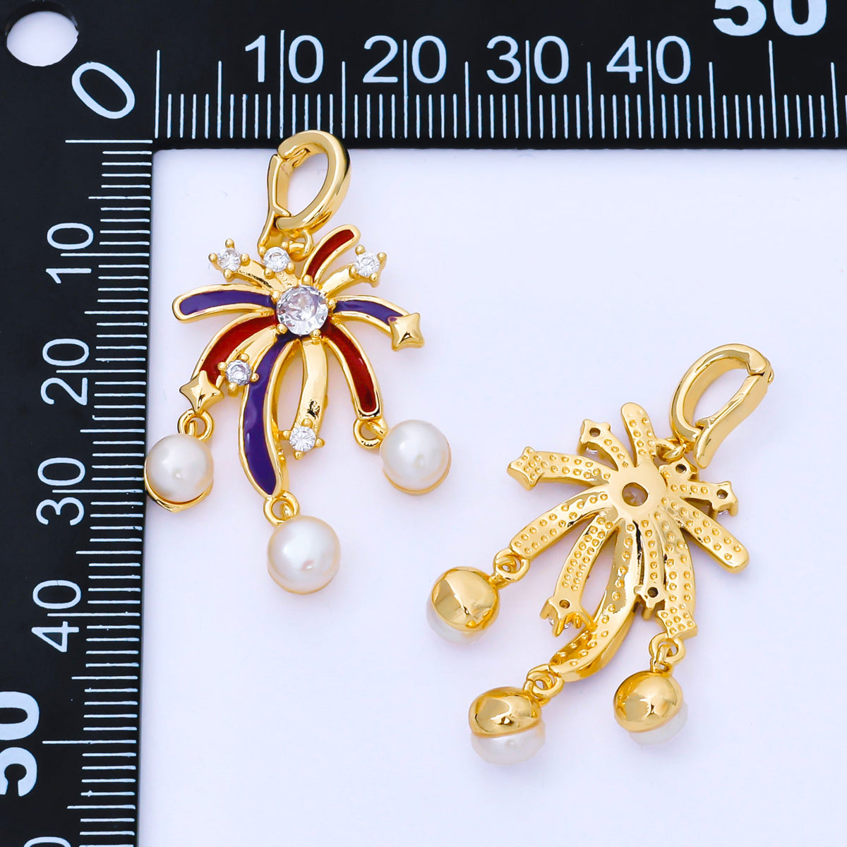 24K Gold Filled 23.5mm CZ Shell Pearl Multicolor Enamel Fireworks Charm | AA1656