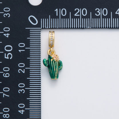 18K Gold Filled 23.5mm Cactus Flower Micro Paved CZ Enamel Drop Rondelle Pendant | C102
