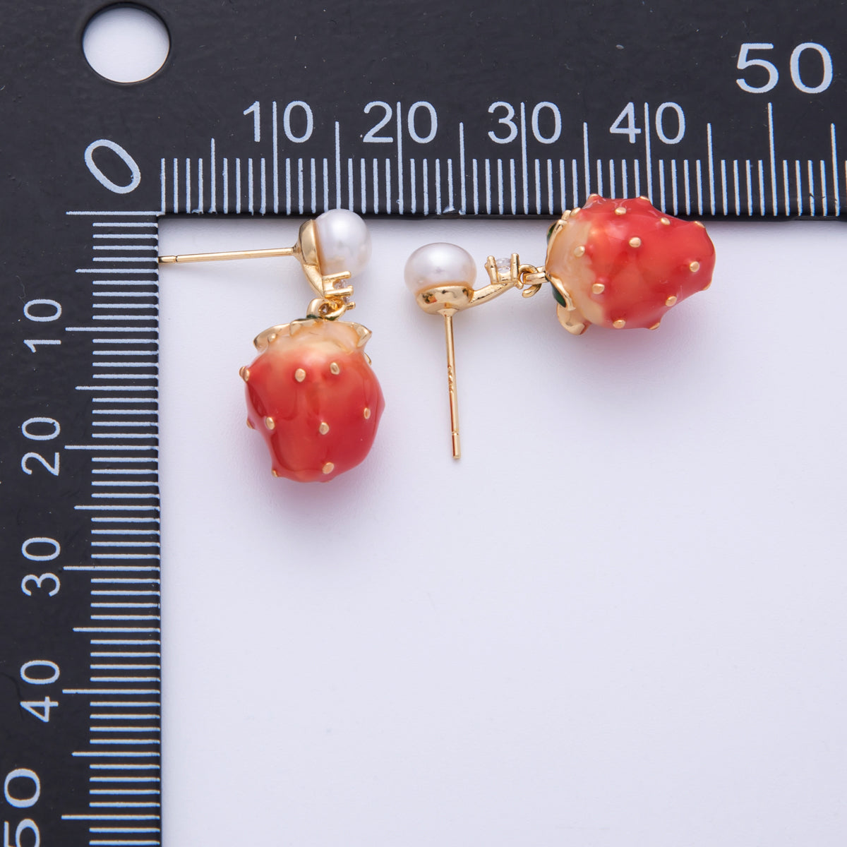 14K Gold Filled 24.5mm Strawberry Enamel Shell Pearl Drop Stud | Earrings-00014