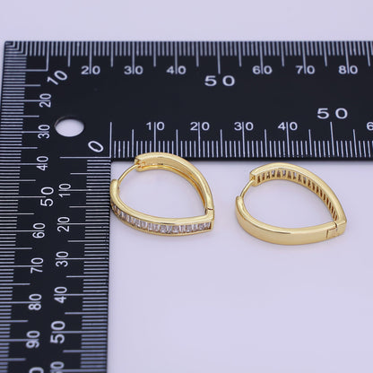 24K Gold Filled 25mm Clear CZ Baguette Navette Triangle Hoop Earrings | T155