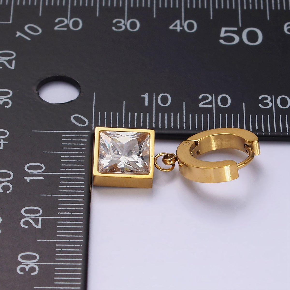 Stainless Steel Clear CZ Square Drop Huggie Earrings in Gold &amp; Silver | AE397 AE398