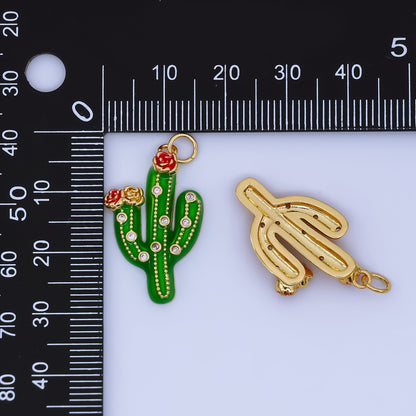 24K Gold Filled 27mm Clear CZ Dotted Enamel Red Flower Cactus Plant Charm | AJ433 AJ434