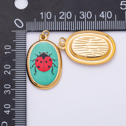 Gold Stainless Steel 31mm Hand-Painted Enamel Oval Ladybug Insect Charm | J420
