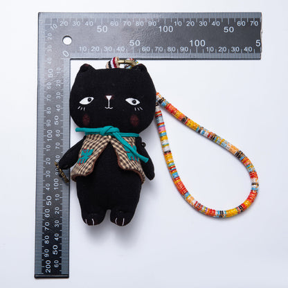 Fabric Doll 300mm Black Cat With Gingham Vest Keychain | WB-00055