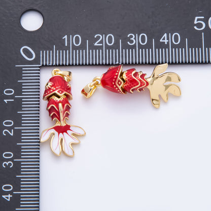 18K Gold Filled 31.5mm Red, Green Enamel Fish 3D Multidimensional Charm | AH815