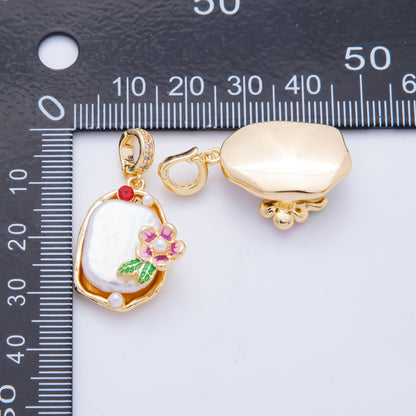 18K Gold Filled 34mm Freshwater Pearl  Flower Micro Paved CZ Drop Rondelle Pendant | AH817