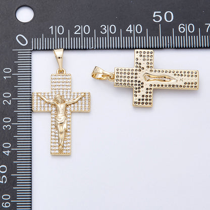 14K Gold Filled 35mm Wide Micro Paved CZ Jesus Crucifix Cross Religious Pendant | Charms-00221