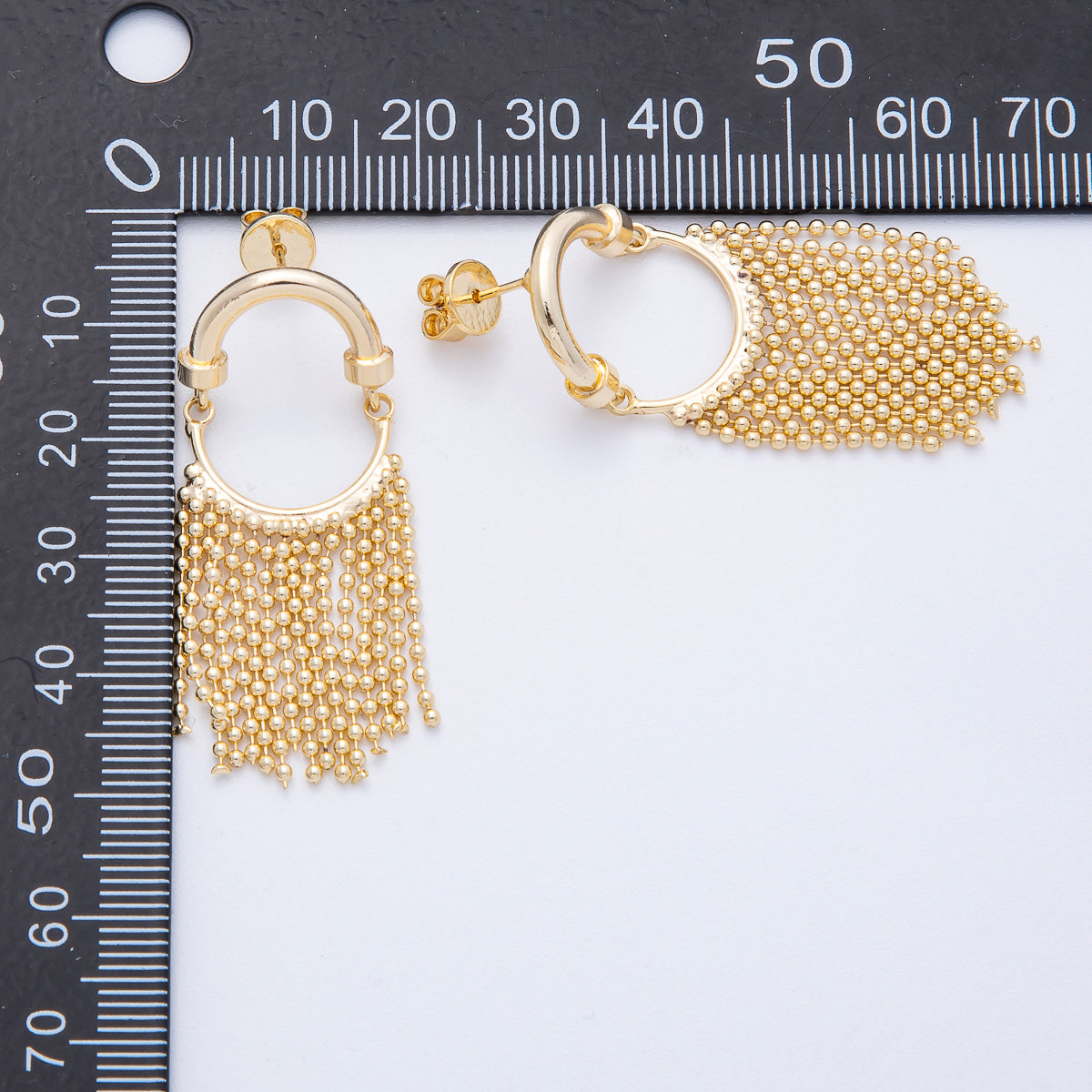 18K Gold Filled 45mm Bead Ball Chain Tassel Geometric Drop Stud Earrings | T066