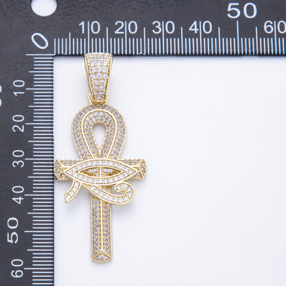 16K Gold Filled 48mm Micro Paved CZ Evil Eye Ankh Cross Religious Pendant | Charms-00209