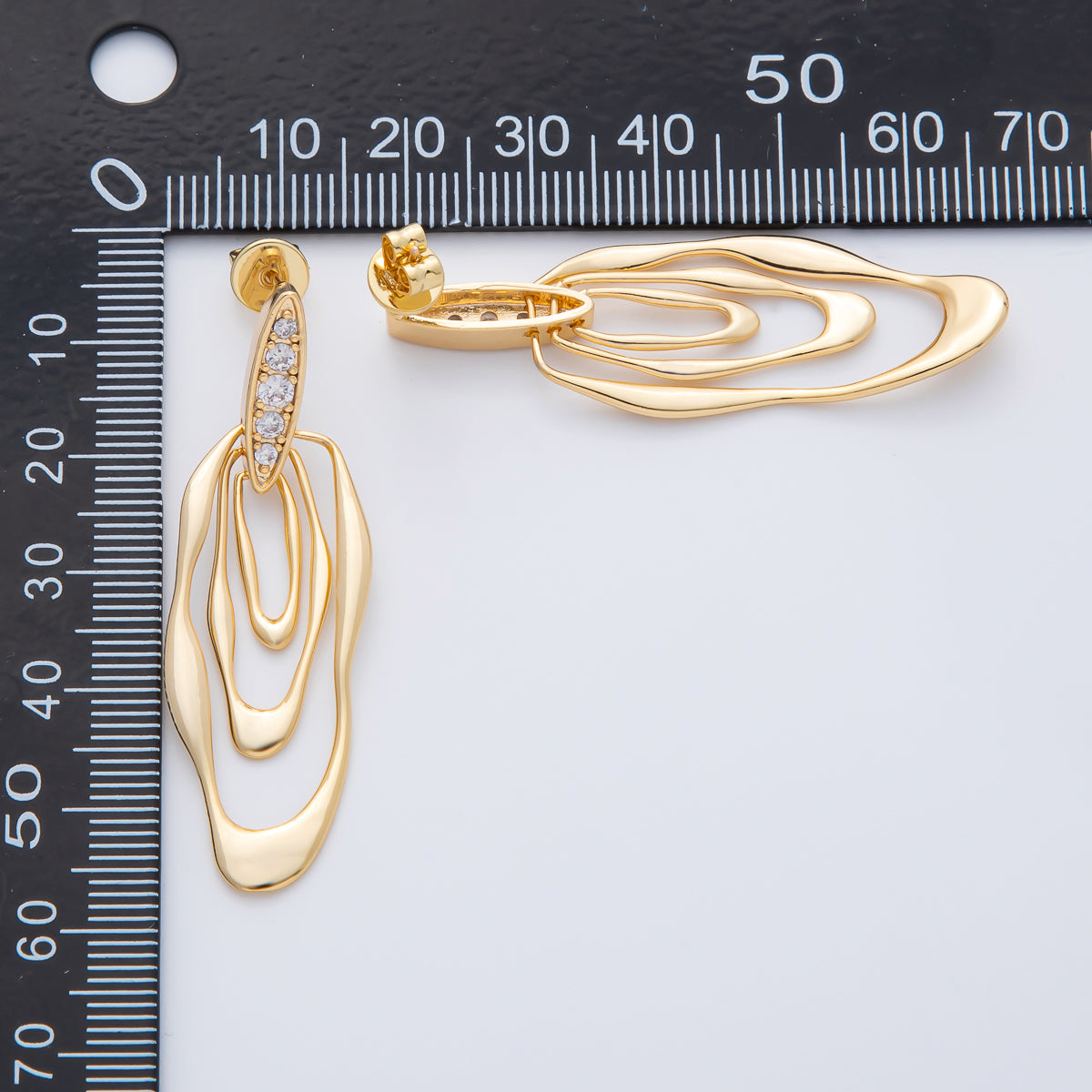 18K Gold Filled 50mm Micro Paved CZ Wavy Molten Oval Drop Stud Earrings | AD1590