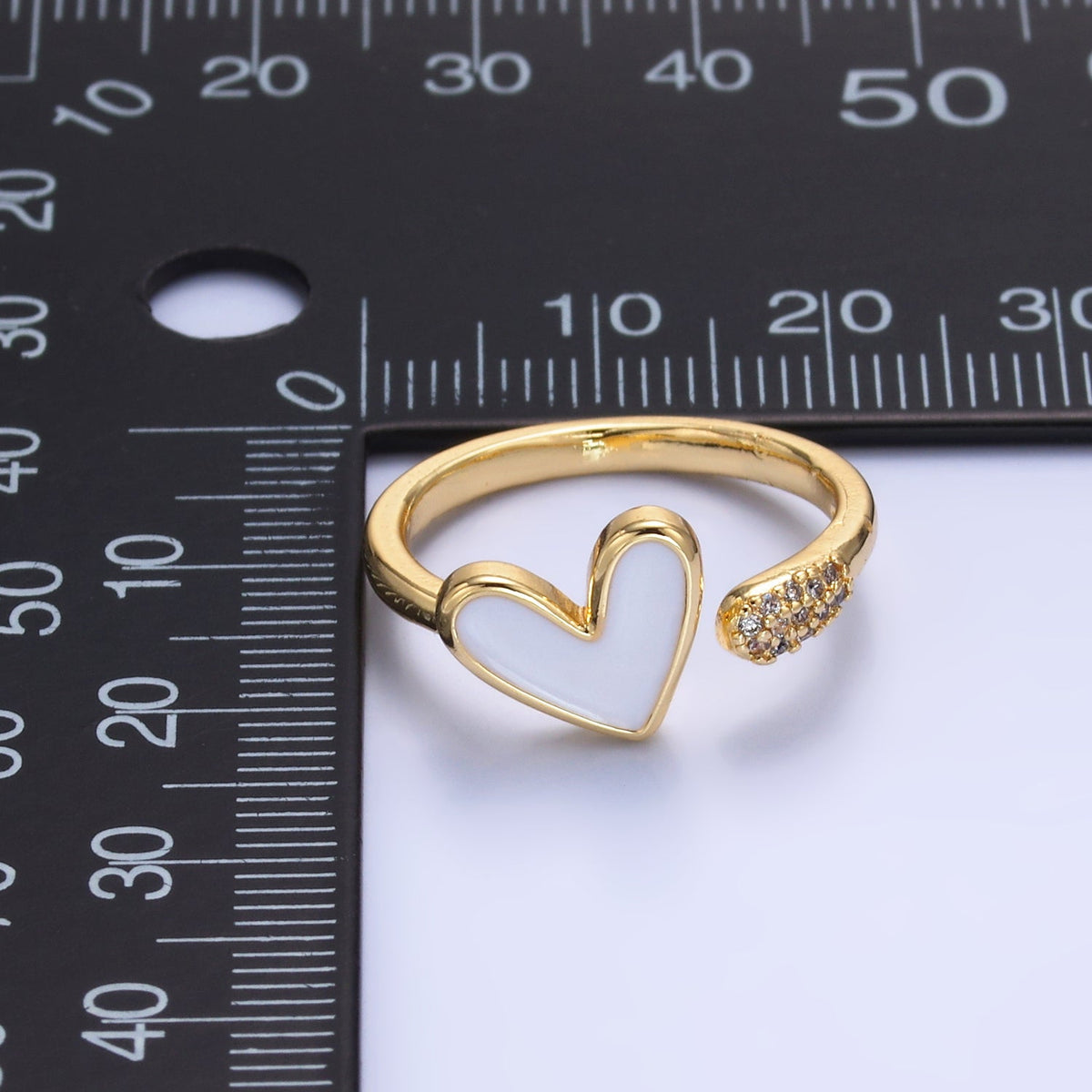 24K Gold Filled Heart White Enamel Micro Paved CZ Wrap Ring | O729