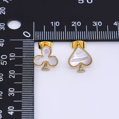 24K Gold Filled Shell Pearl Spades &amp; Clubs Card Mis Matched Stud Earrings | Q-346