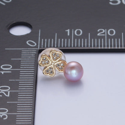 Gold White, Purple, Pink Shell Pearl Micro Paved CZ Clover Stud Earrings |  V379 - V381