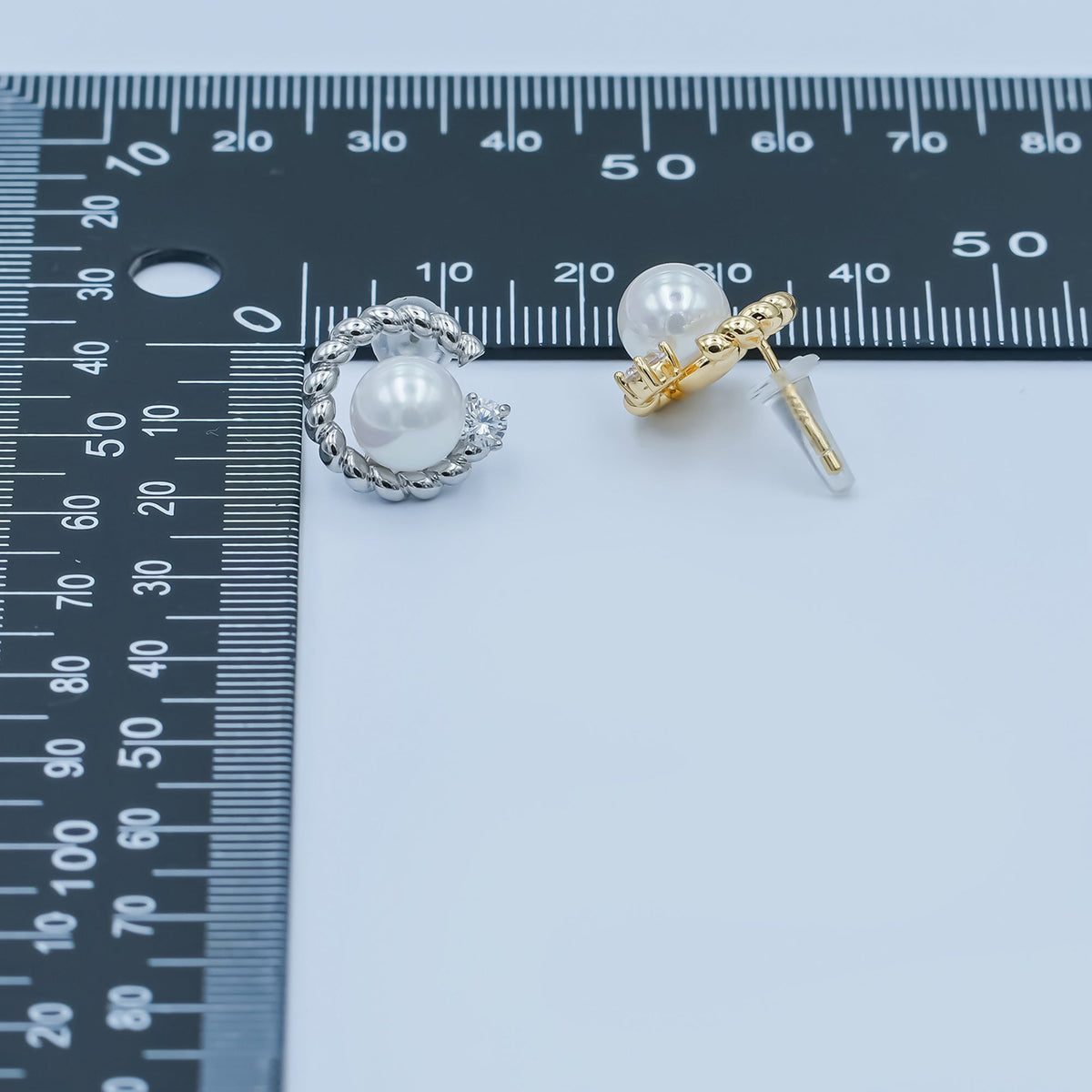 White Shell Pearl CZ Croissant C-Shaped Stud Earrings in Gold &amp; Silver | AD1359 AD1360
