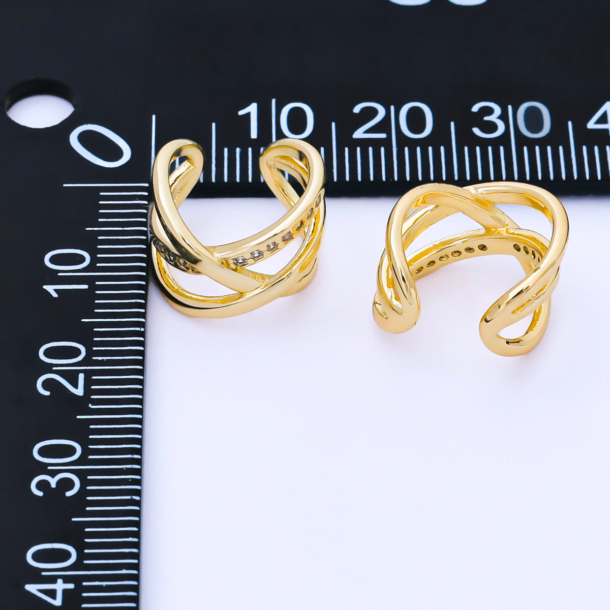 24K Gold Filled 14mm Micro Paved CZ Crossed Multiple Band Ear Cuff Earrings | AI186