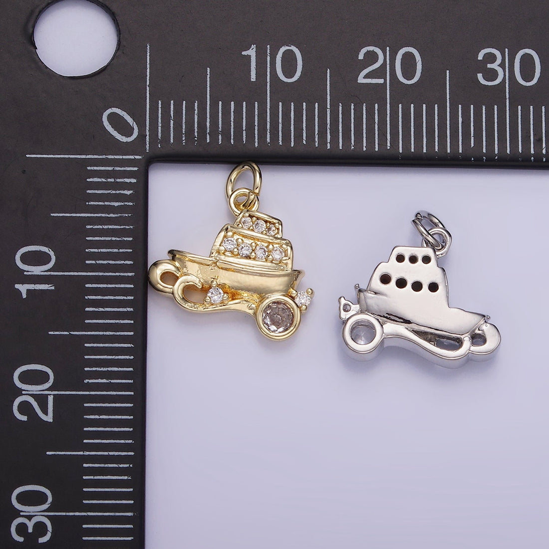 14K Gold Filled 14mm Vehicle Motor Sea Boat CZ Micro Paved Charm in Gold &amp; Silver | W537