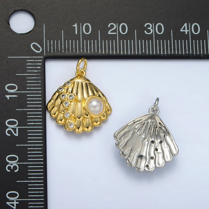 24K Gold Filled 19mm Shell Pearl CZ Dotted Clam Sea Shell Charm in Gold &amp; Silver | AG866