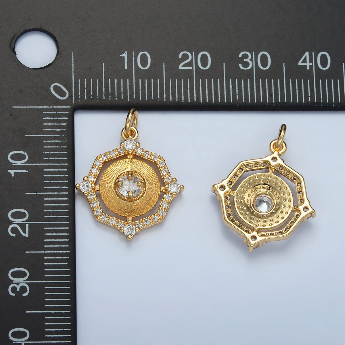 24K Gold Filled Geometric Sunburst Micro Paved CZ Bezel Charm | E203