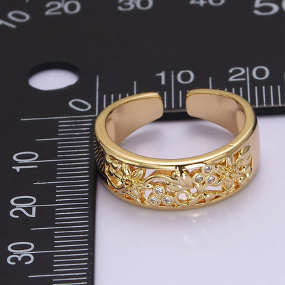 Dainty Art Deco Ring Flower Carved Design 18k Gold Filled Open Adjustable Ring O-2078